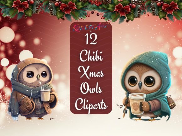 12 X Chibi Christmas Owl Cliparts Bundle for Illustrations