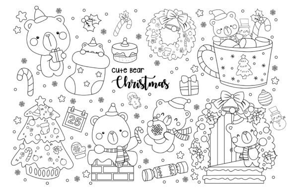 Christmas Bear Clipart Coloring Illustrations