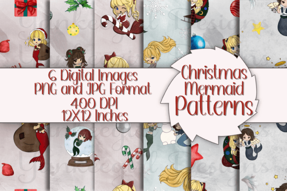 Christmas Mermaid Seamless Pattern Illustrations