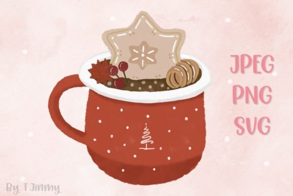 Christmas Red Mug with Cookie Illustration for Blog and Web Design