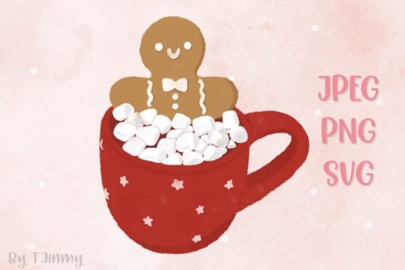 Christmas Red Mug with Marshmallow Illustration
