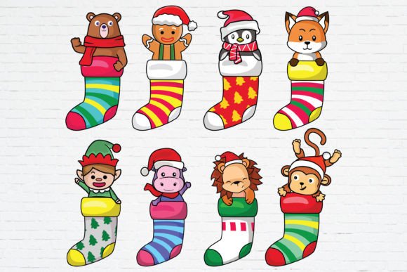 Cute Animal in Sock Christmas SVG Illustrations