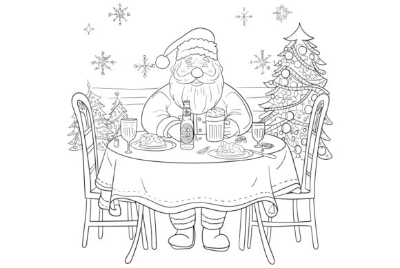 Santa Sitting at Christmas Dinner Table Illustration