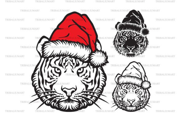 Tiger with Santa Hat Christmas Illustration