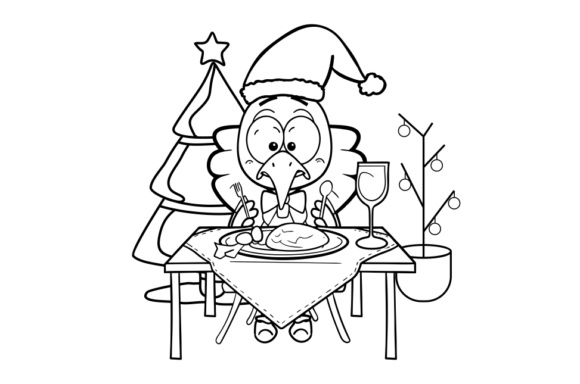 Turkey Sitting at Christmas Dinner Table Illustration
