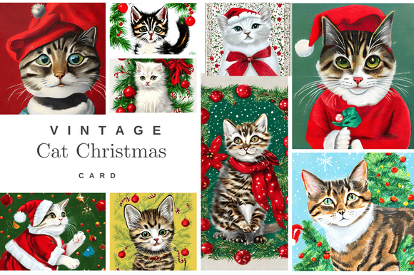 Vintage Cat Kitten Christmas Card Illustration