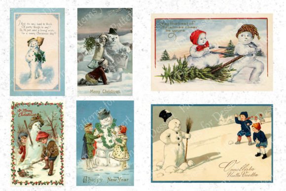 Vintage Snowmen Christmas New Year Cards Illustrations