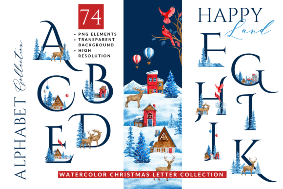 Watercolor Christmas Happy Land Alphabet Illustrations